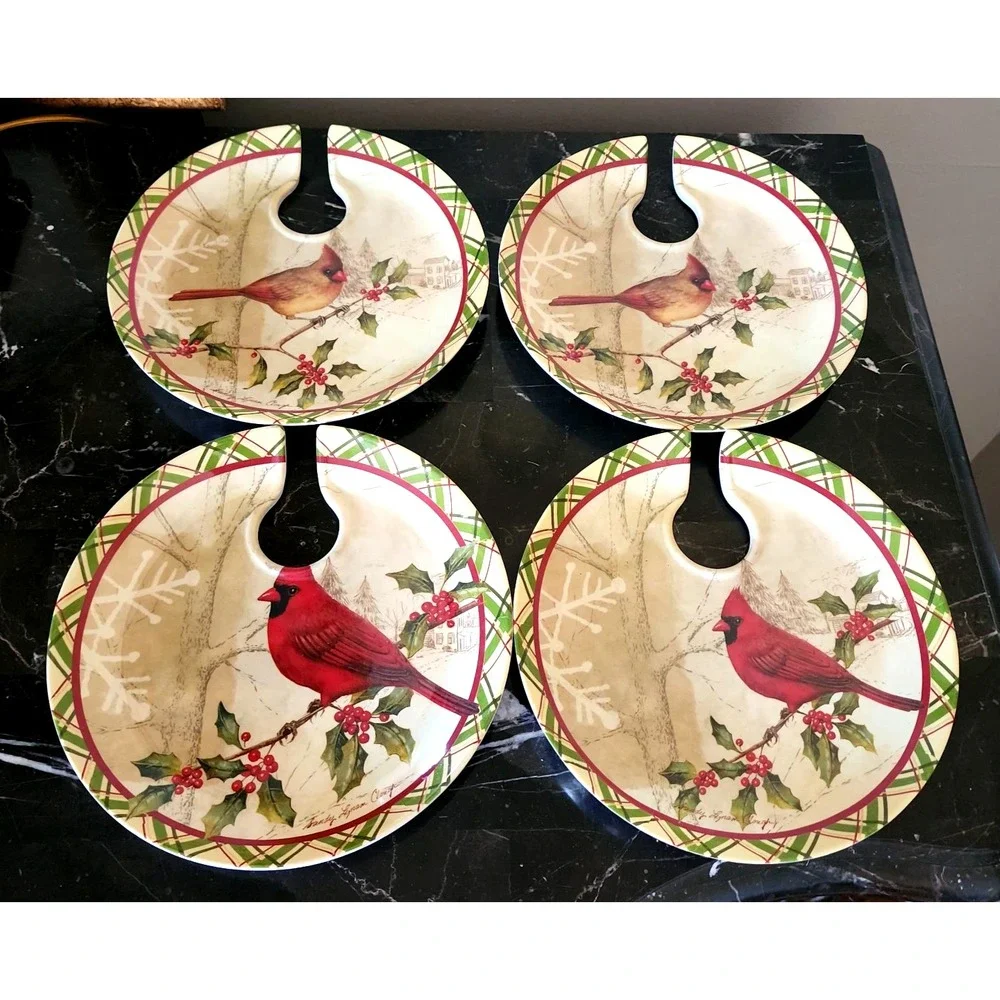 Evergreen Earthaware Bamboo Cardinal Dessert Appetizer Snack Plates Set of 4